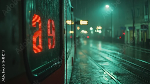 Rainy Night at the Tram Stop, Teal and Green Lighting, Number 29 Display photo