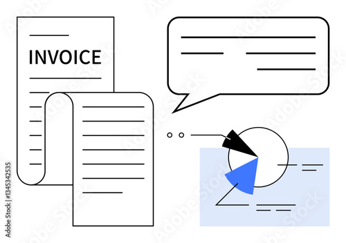 Invoice document rolls out, speech bubble indicates discussion, pie chart visualizes data representation. Ideal for finance, business, budgeting, analytics, payments auditing reporting. Flat simple