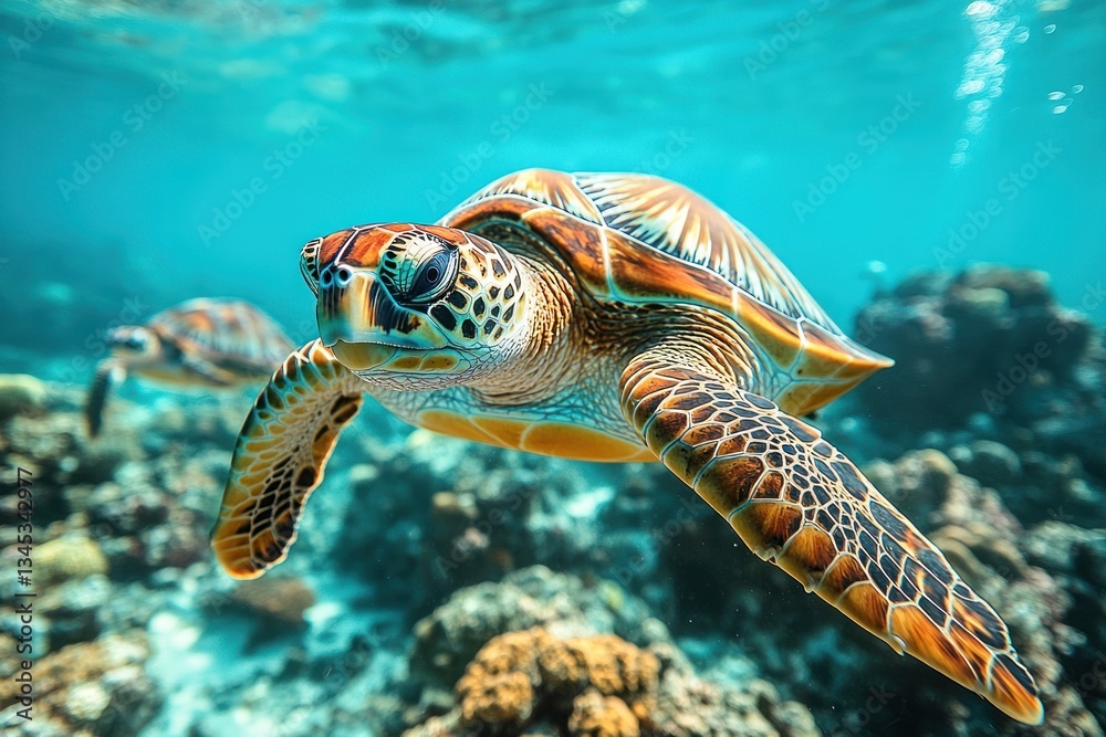 Fototapeta premium Sea turtle swimming over coral reef