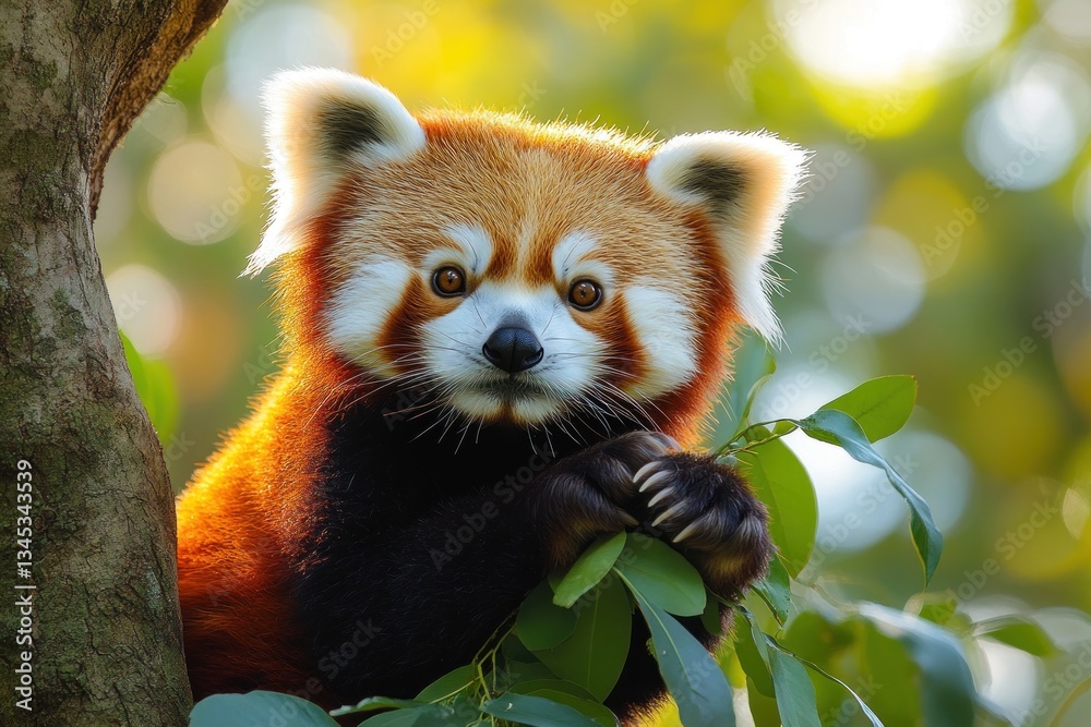 Red panda cub eating leaves in sunny forest canopy Red panda cub eating leaves in sunny forest canopy