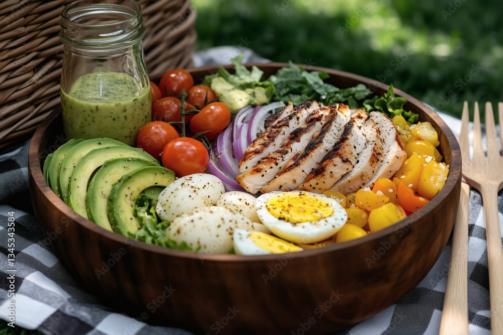 Grilled Chicken Salad Bowl with Avocado, Eggs, Tomatoes, and Dressing on Picnic Blanket
