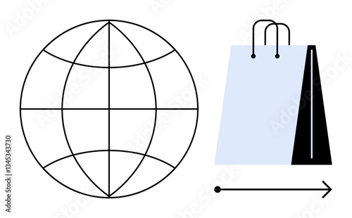 Globe representing worldwide connectivity alongside a shopping bag, emphasizing online shopping and international trade. Ideal for e-commerce, globalization, online trade, retail, digital