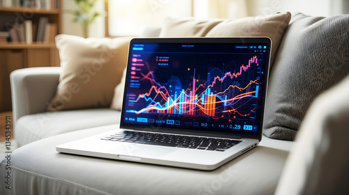 Laptop displaying a glowing graphs and charts, representing data flow and financial trends on its screen is placed on a comfortable sofa in a cozy living room