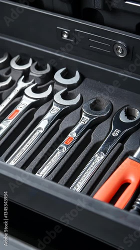 Close-up of a toolkit with neatly arranged spanners and ratchets, essential for various automotive tasks.