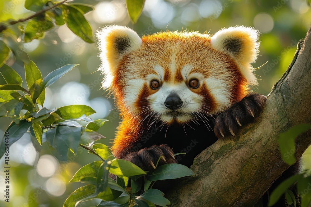 Red panda cub clinging to tree branch in sunny forest (2) Red panda cub clinging to tree branch in sunny forest (2)