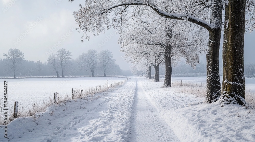 Fototapeta premium A cozy winter Christmas background featuring a festive atmosphere with snow-covered trees, twinkling lights, and a warm, inviting glow. The scene captures the essence of holiday cheer, perfect for the