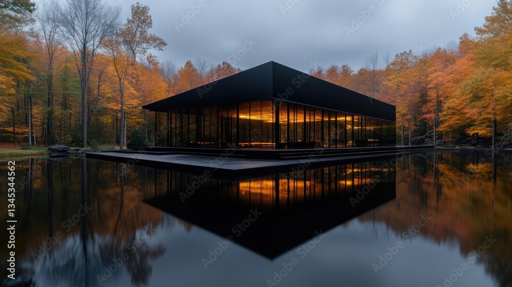 Modern, minimalist building in a tranquil autumnal setting Modern, minimalist building in a tranquil autumnal setting