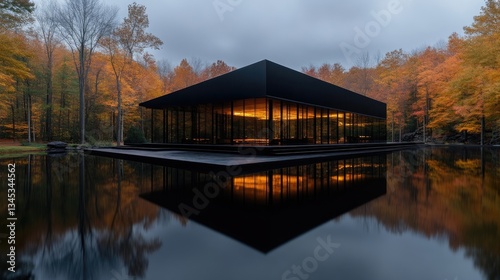 Modern, minimalist building in a tranquil autumnal setting