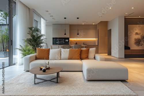 A modern open concept living room kitchen combination