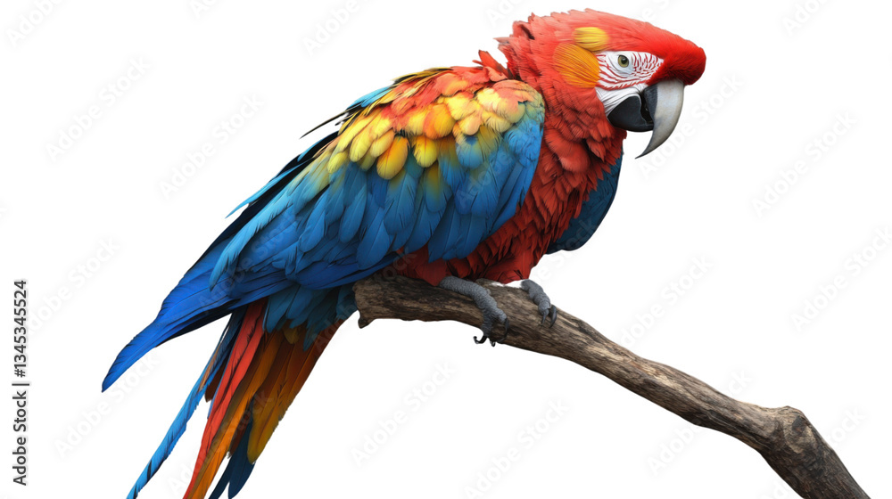 Fototapeta premium Scarlet macaw perching on branch with transparent background