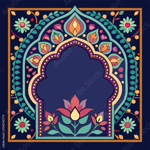 Traditional Moroccan Decorative Floral Pattern with Frames in Blue and Yellow