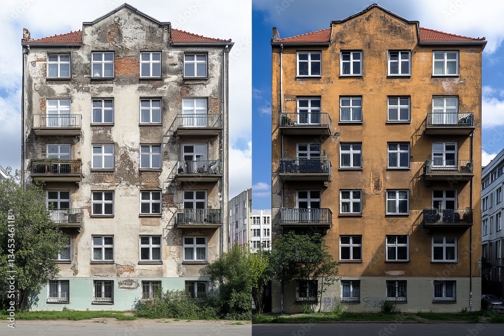 Fototapeta premium split view: outdated vs. modernized apartment building in berlin