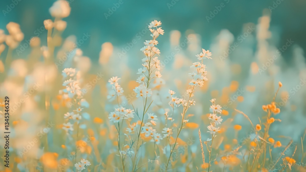 Fototapeta premium Pastel Wildflowers in a Softly Lit Meadow