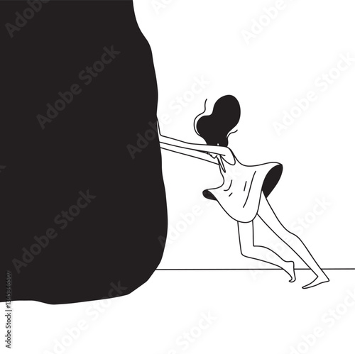 woman moving the big stone, vector line minimalistic illustration. Vector illustration
