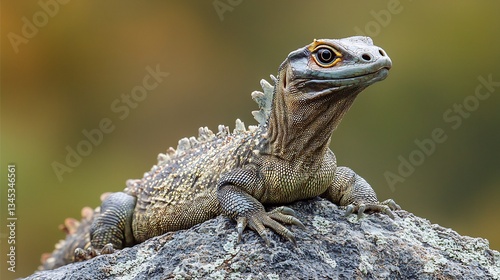 Prehistoric looking Tuatara basking on a volcanic rock in New Zealand its ancient lineage dating back to the dinosaurs