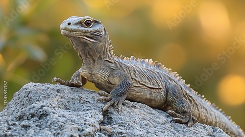 Prehistoric looking Tuatara basking on a volcanic rock in New Zealand its ancient lineage dating back to the dinosaurs