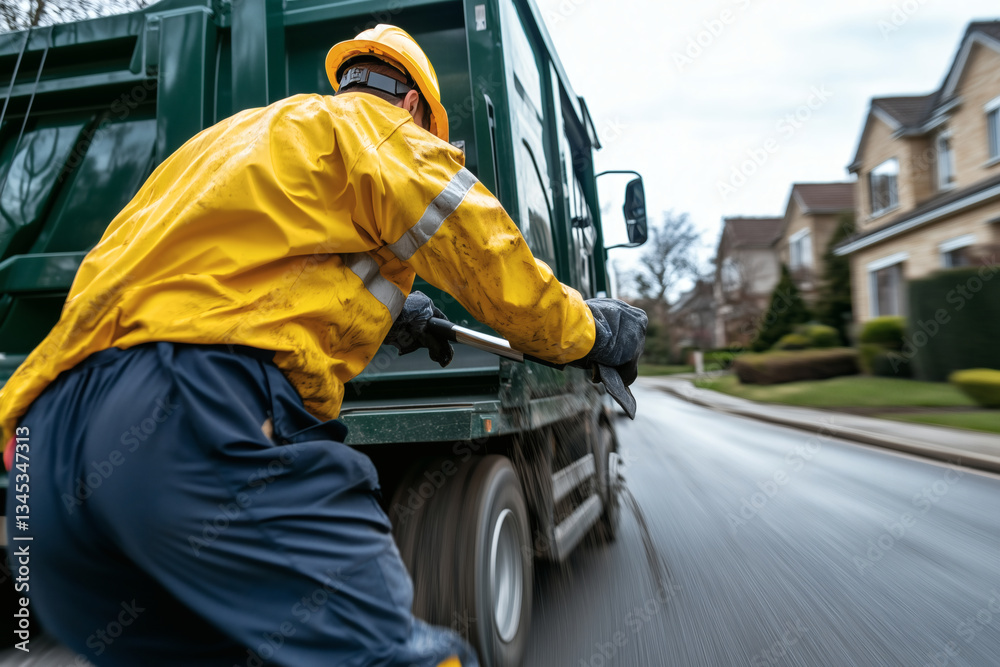 Fototapeta premium Worker riding on garbage truck, collecting trash on a residential street. Heavy-duty work in an urban area.