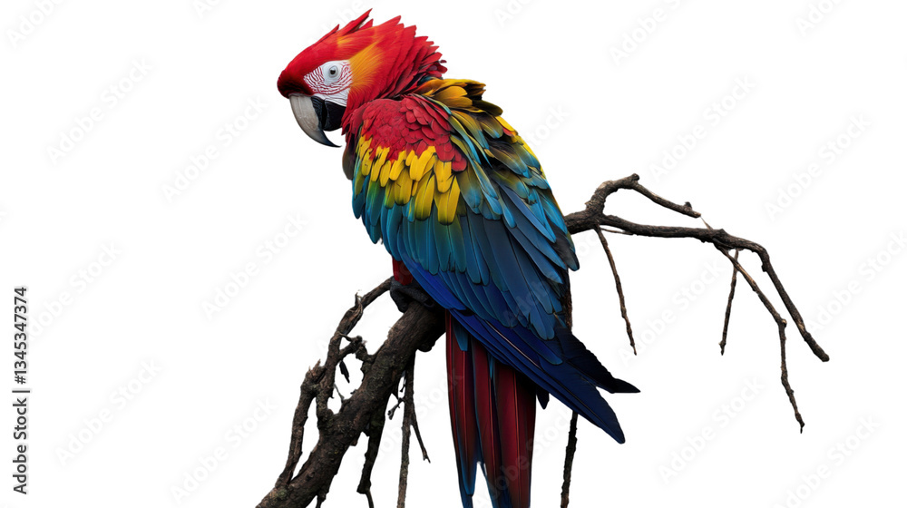 Obraz premium Scarlet macaw perching on branch with transparent background