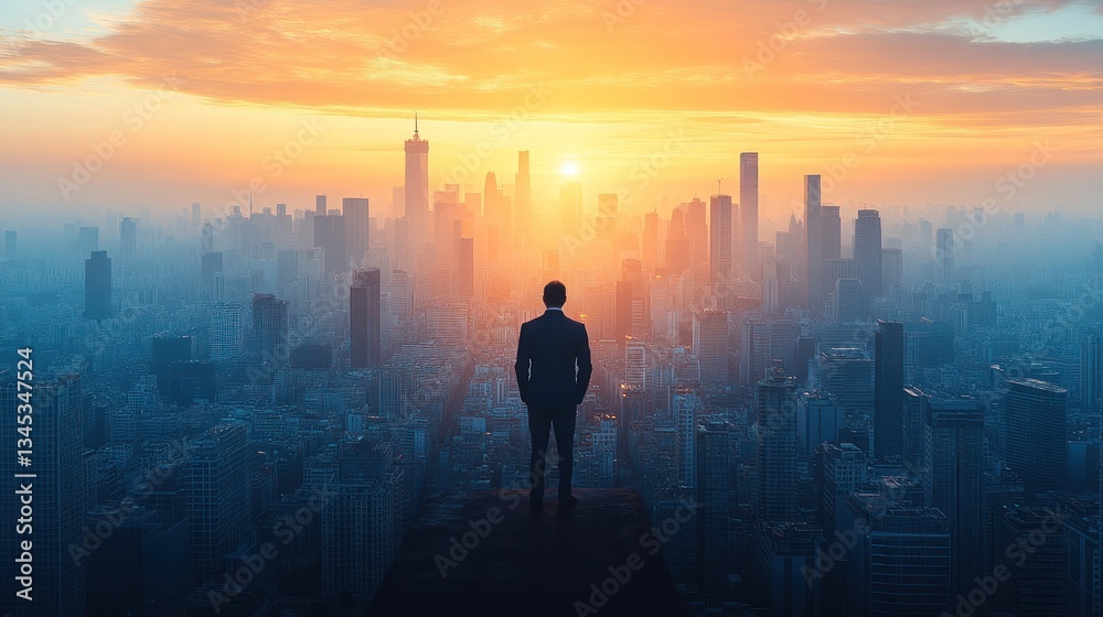 A businessman stands atop a structure, overlooking a city at sunrise A businessman stands atop a structure, overlooking a city at sunrise