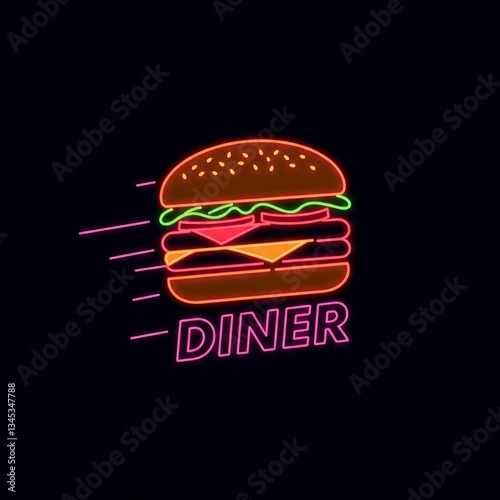 A glowing neon sign featuring a fast-food burger and the word 