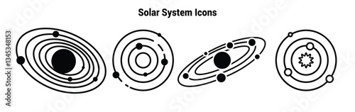 Solar system icons outline clipart set. Outer space drawing of planets, sun and moon rotating in orbit symbol for elementary chart clip art collection vector illustration. 

