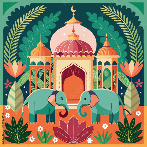 Majestic Mughal Elephants Adorned with Elaborate Decorations in a Lush Garden Oasis