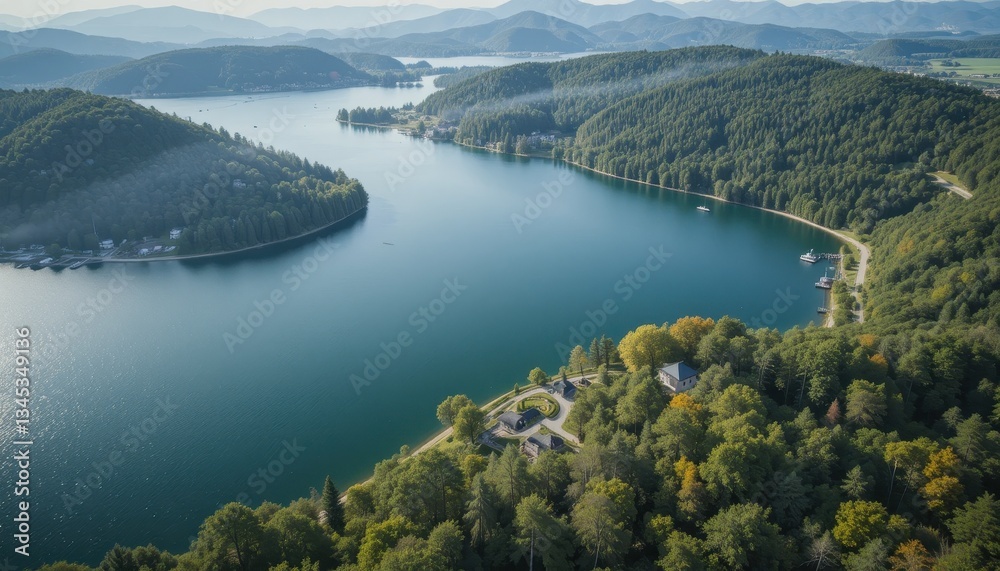 Scenic aerial view of serene lake surrounded by lush forests Scenic aerial view of serene lake surrounded by lush forests