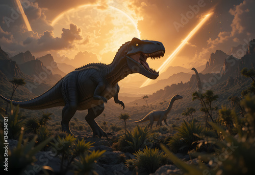 Fototapeta Naklejka Na Ścianę i Meble -  A cinematic extinction of the dinosaurs by a meteor impact