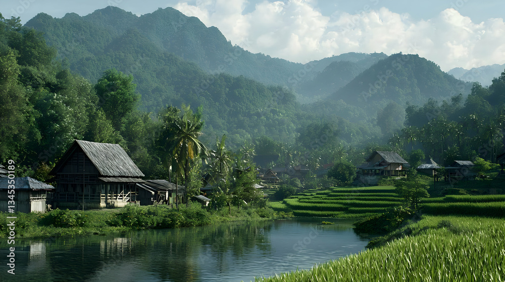 Fototapeta premium Serene Tropical Village nestled in Mountains by River