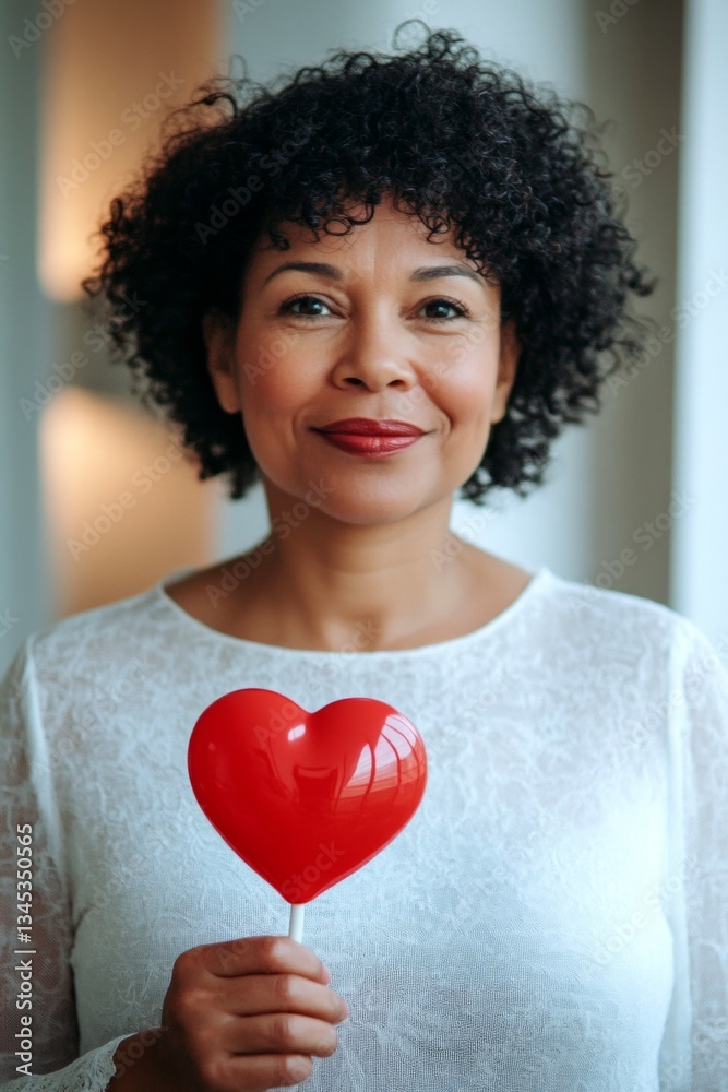 A lollipop heart in hands is a gift. Happy face mixed-race midlife woman and cute valentine's day greeting. Loving expressions. Cute valentine’s animation. Love lock. Love-themed art. A lollipop heart in hands is a gift. Happy face mixed-race midlife woman and cute valentine's day greeting. Loving expressions. Cute valentine’s animation. Love lock. Love-themed art.