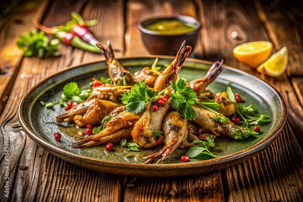 Delicious Frog Legs Dish, Gourmet Food Photography, Amphibian Cuisine, Fine Dining, Culinary Art Delicious Frog Legs Dish, Gourmet Food Photography, Amphibian Cuisine, Fine Dining, Culinary Art