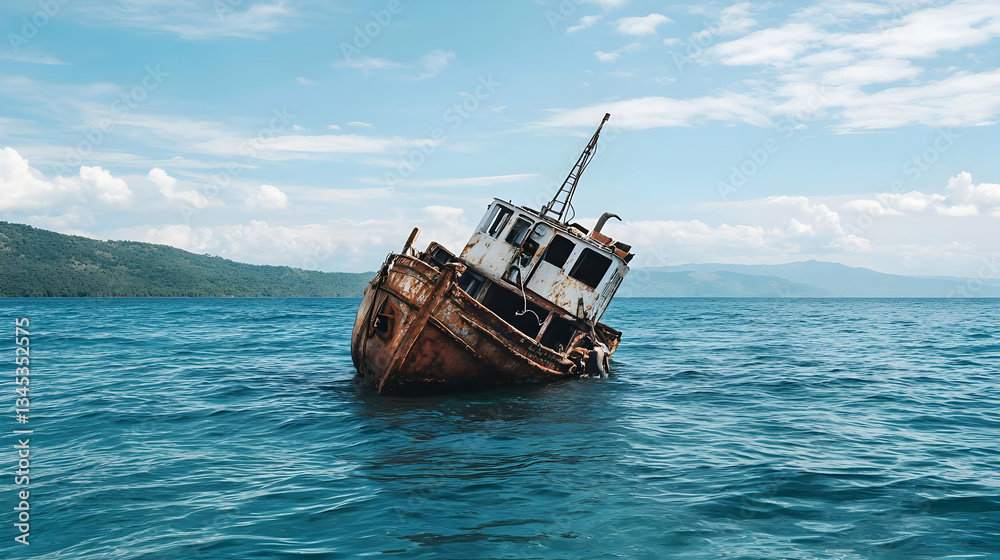Weathered Rusty Shipwreck Sinking In Blue Tropical Ocean Water Under Cloudy Sky Weathered Rusty Shipwreck Sinking In Blue Tropical Ocean Water Under Cloudy Sky