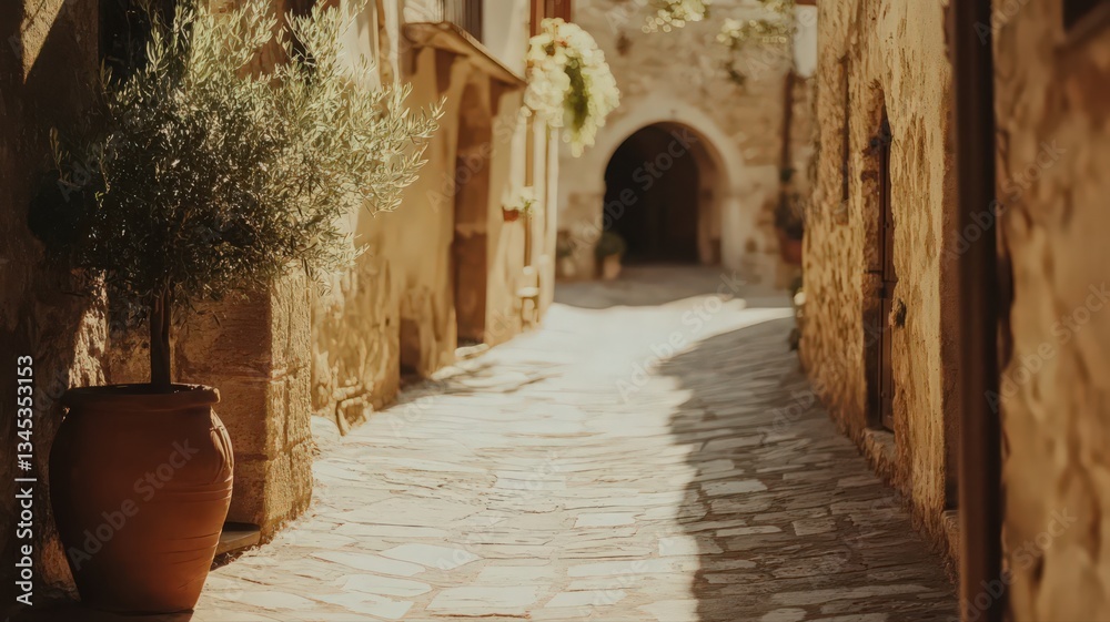 Obraz premium Sunlit Stone Street in Historic Village: Terracotta Pot and Olive Tree
