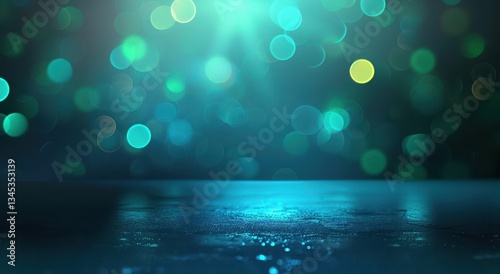 Abstract teal and green bokeh lights background.