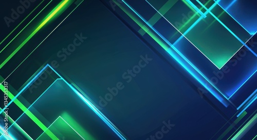 Abstract geometric background with neon green and blue lines.