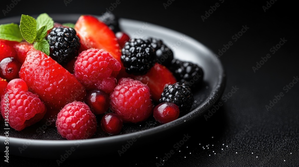 Vibrant mix of fresh berries. A delectable array of sliced strawberries, raspberries, blackberries, and cranberries, presented artfully on a dark plate. Vibrant mix of fresh berries. A delectable array of sliced strawberries, raspberries, blackberries, and cranberries, presented artfully on a dark plate.