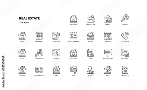 real estate residential housing property mortgage outline line icon set