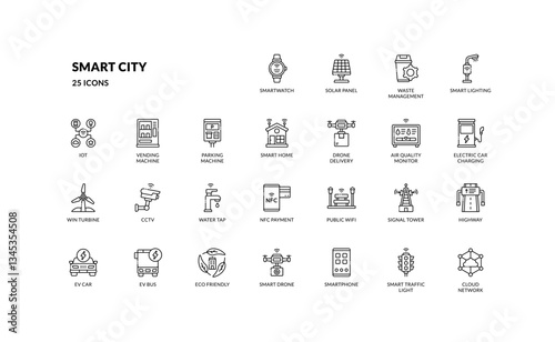 Urban smart city future concept innovation architecture smart system outline line icon set
