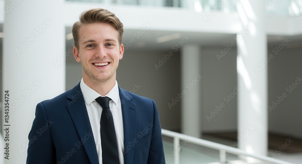 Smiling businessman in a formal suit, standing in a modern office space. Smiling businessman in a formal suit, standing in a modern office space.