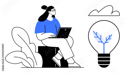Young woman working on a laptop, light bulb with plant representing eco-innovation, leafy background, cloud. Ideal for sustainability, creativity, technology, innovation, brainstorming green energy