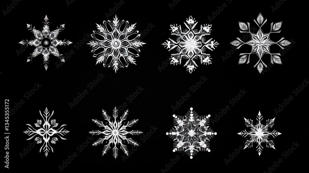 Eight unique illustrations of delicate white crystal snowflakes on black background Eight unique illustrations of delicate white crystal snowflakes on black background