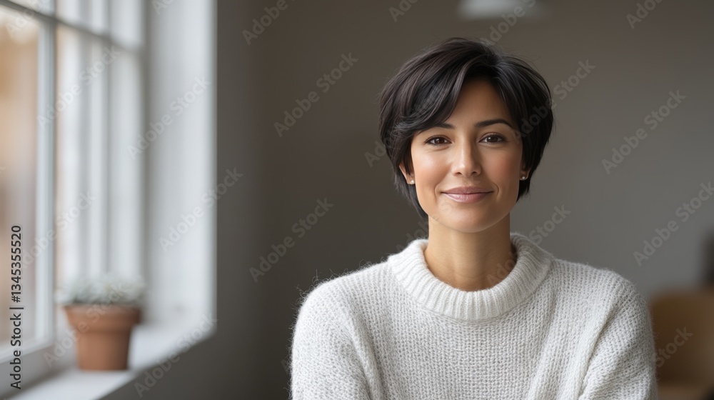 Fashionable woman with short hair in cozy white sweater posing in modern relaxed environment Fashionable woman with short hair in cozy white sweater posing in modern relaxed environment