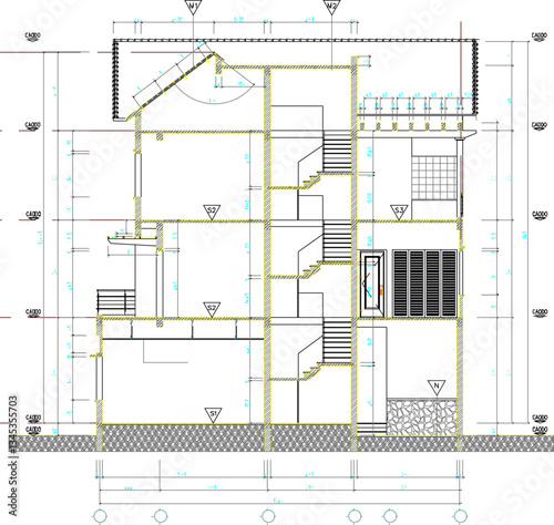 vector sketch illustration of architectural design of view and section of modern vintage multi-storey house building with scale size