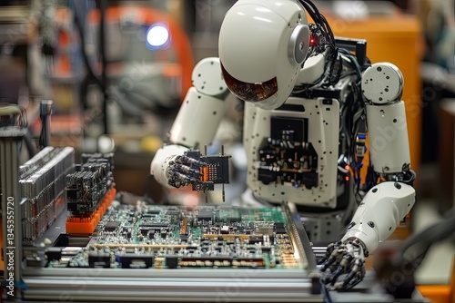 A robotic arm carefully assembles electronic components on circuit boards
