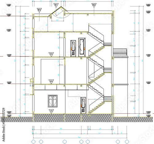 vector sketch illustration of architectural design of view and section of modern vintage multi-storey house building with scale size
