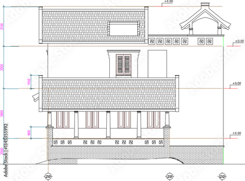 vector sketch illustration of architectural design view and section of classic vintage mediterranean old house building