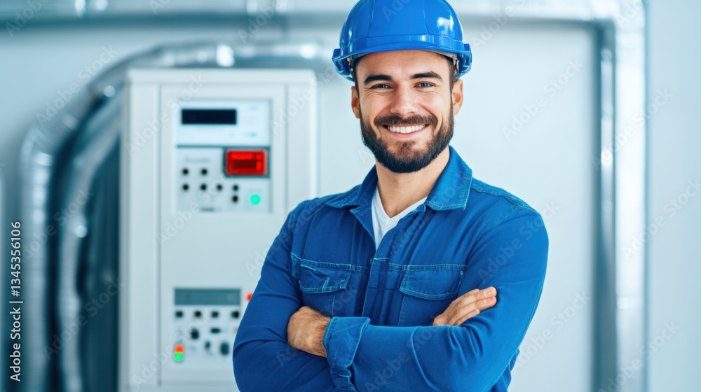 Smiling Male Worker in Blue Uniform and Hard Hat Posing with Confidence in Industrial Workplace Setting Smiling Male Worker in Blue Uniform and Hard Hat Posing with Confidence in Industrial Workplace Setting