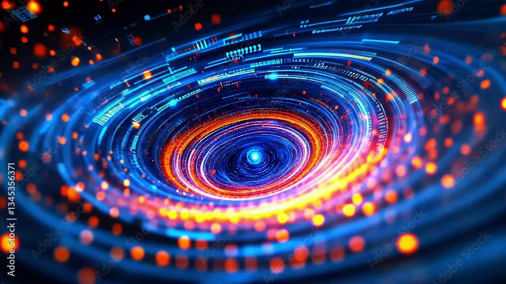 Abstract representation of a swirling vortex with vibrant colors and glowing particles in a digital space Abstract representation of a swirling vortex with vibrant colors and glowing particles in a digital space