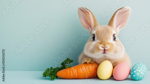 a small rabbit is peeking over a large orange carrot with colorful easter eggs. The carrot is surrounded by a spring of green parsley. The background 