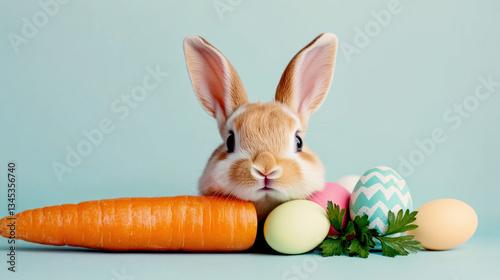 a small rabbit is peeking over a large orange carrot with colorful easter eggs. The carrot is surrounded by a spring of green parsley. The background 